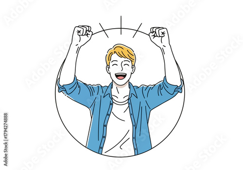 A happy young man with arms raised in celebration, showing excitement and success