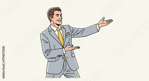 Smiling businessman in a grey suit and yellow tie, gesturing with his hands, presenting something