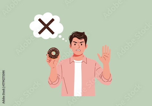 A man holds a donut in one hand and raises the other hand in a stop gesture, rejecting the sweet treat