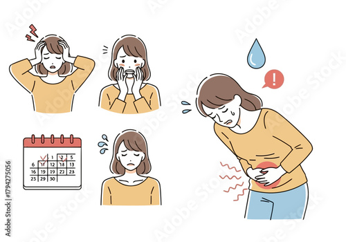 A woman experiences various symptoms like headache, nausea, and abdominal pain, possibly related to her menstrual cycle