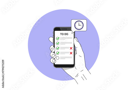 Hand holding smartphone with todo list and clock icon, representing task management and time tracking
