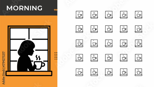 Serene morning ritual with silhouette woman enjoying coffee by window, calm and reflective moment at dawn