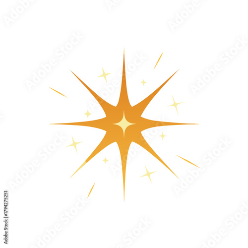 Golden sparkle starburst effect icon graphic design element.