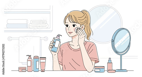 Young woman applying facial toner with a cotton pad, surrounded by skincare products and mirrors in a bathroom