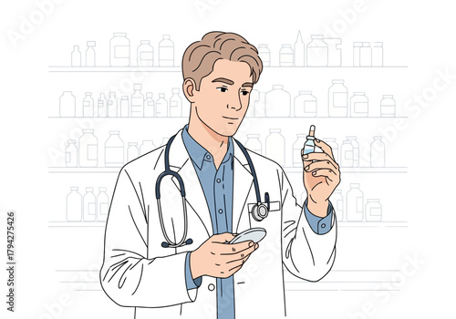 A male doctor in a white coat with a stethoscope around his neck holds a small bottle and a phone, with shelves of medicine bottles in the background