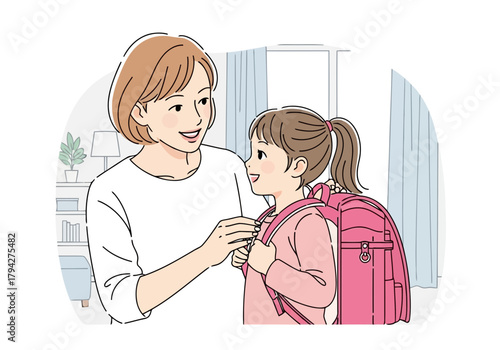Mother helping her daughter put on her pink backpack, preparing for school with a smile