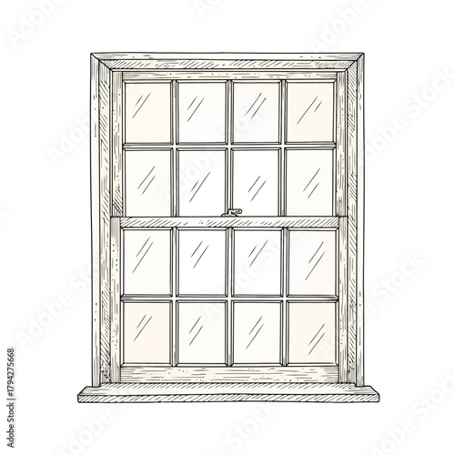 Handdrawn illustration of a traditional sash window with multiple panes