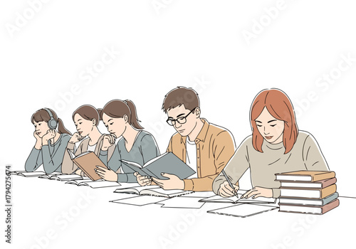 Students studying together at a table with books and papers