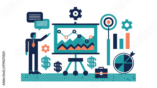 Business analyst presenting data visualization with charts and graphs on a screen illustrating insights and strategy
