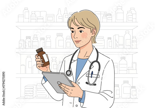 Pharmacist holding a medicine bottle and tablet