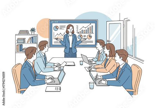 Business meeting with a presenter at the head of the table, showing charts on a screen to attentive colleagues