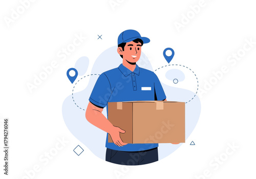 Delivery man holding a package, with location pins and dotted lines indicating a route