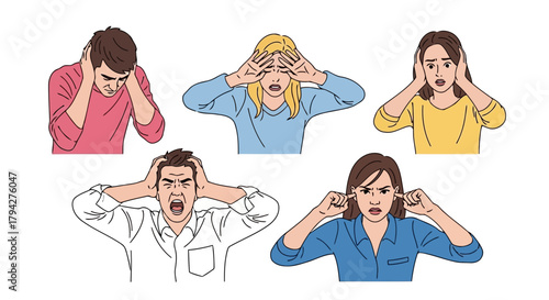 A group of people covering their ears and looking distressed, symbolizing noise pollution, stress, and sensory overload