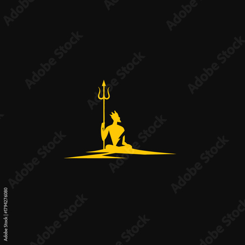 Golden silhouette of mythological figure with trident on dark background