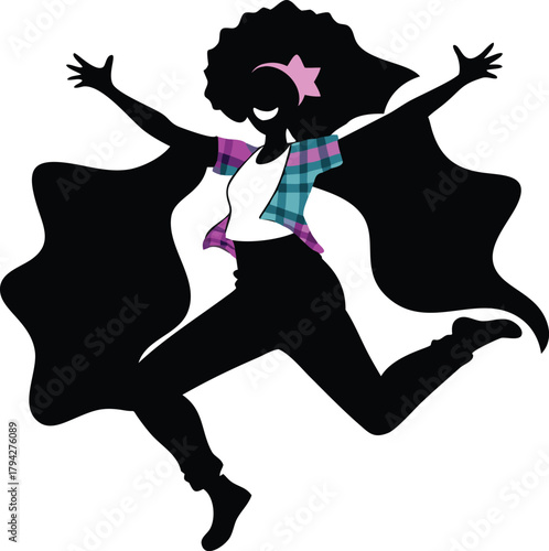 Silhouette of a joyful woman jumping with excitement and wearing a star headband on transparent background