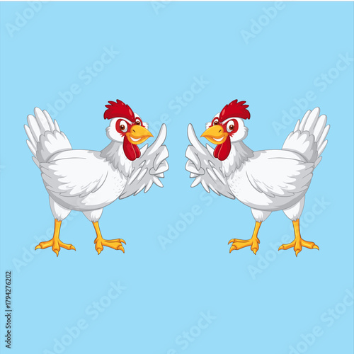 Two cheerful cartoon chickens giving thumbs up on a light blue background showcasing positivity and approval for farm fresh products and healthy eating habits