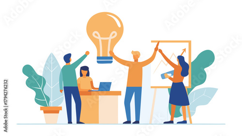 Diverse team collaborating on business ideas standing around a table with a lightbulb symbolizing innovation and creativity