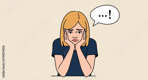 A woman with blonde hair sits with her hands on her face, looking sad and thoughtful, with a speech bubble showing ellipsis and an exclamation mark