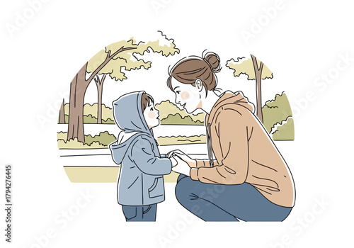 Mother and child holding hands in a park, talking intimately, with trees in the background