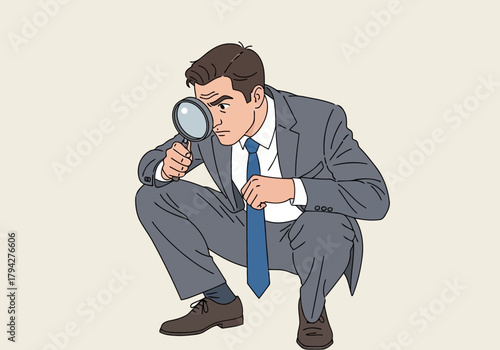 A man in a suit and tie crouches down, examining something closely through a magnifying glass