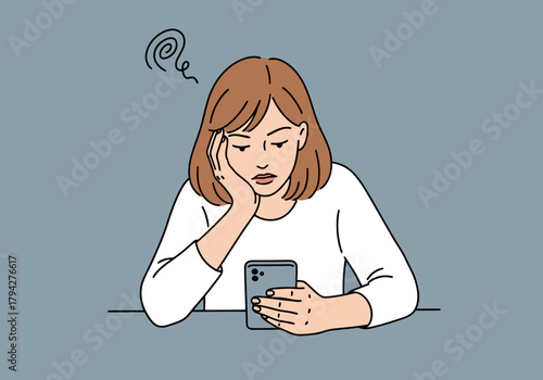 Young woman sitting at table with smartphone, looking bored and tired, with a swirl of confusion above her head, illustration