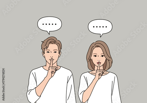 A man and a woman holding a finger to their lips, signaling for silence or secrecy with speech bubbles