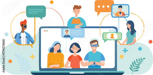 Diverse group of business colleagues collaborating and discussing ideas around a laptop computer in a modern office setting showing teamwork and innovation