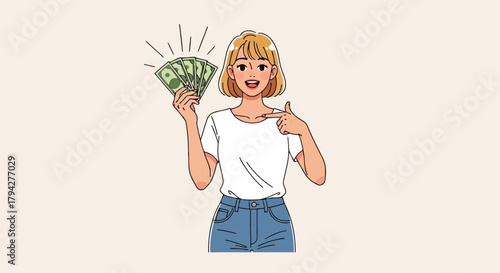 Young woman happily holding a fan of money and pointing to herself, symbolizing wealth and success