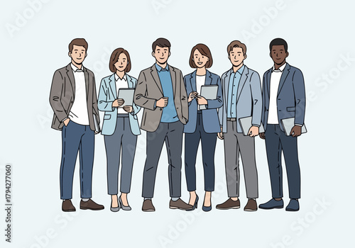 A diverse group of business professionals standing together, looking confident and ready for success