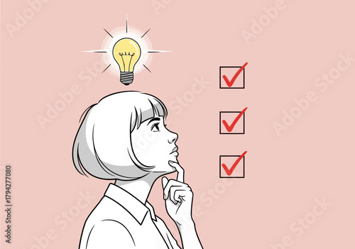 A woman thoughtfully considers a checklist with a bright idea lightbulb above her head