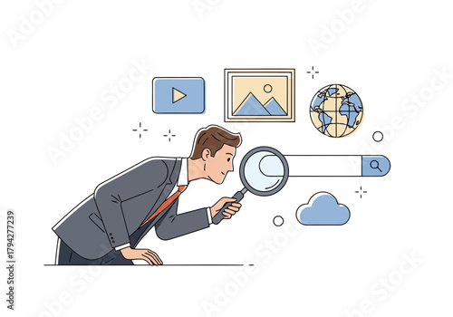 Businessman with magnifying glass searching on a digital interface, representing online search and data analysis