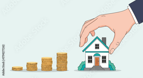 A hand placing a small house on a stack of coins, symbolizing real estate investment or property growth