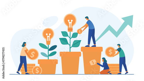 Diverse team of employees diligently planting golden coins to cultivate business growth and financial prosperity in a vibrant illustrative concept