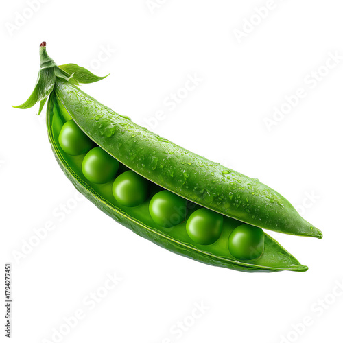 Fresh green pea pod with droplets of water showcasing vibrant peas inside.
