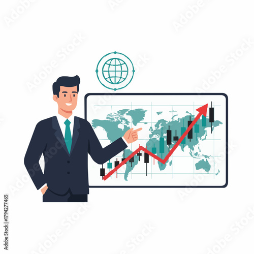 Vector financial analyst pointing at global candlestick chart