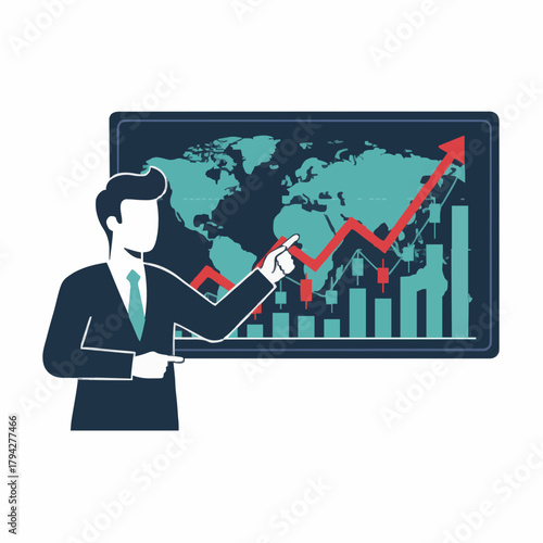 Flat vector trader presenting world stock trends