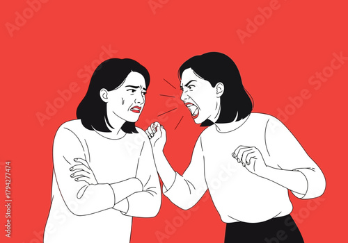 Two women arguing aggressively, one shouting at the other with a furious expression, against a vibrant red background