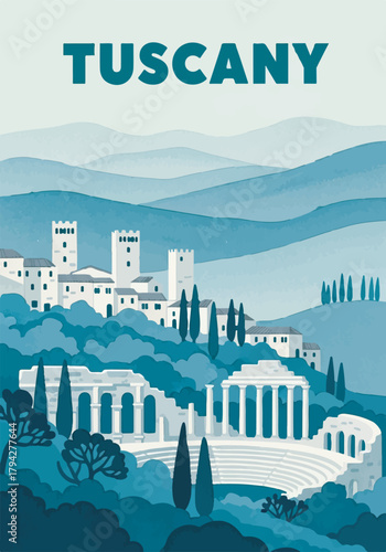 Vintage style travel illustration of Tuscany landscape with ancient buildings and rolling hills