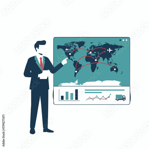 Vector businessman overseeing worldwide shipping plan