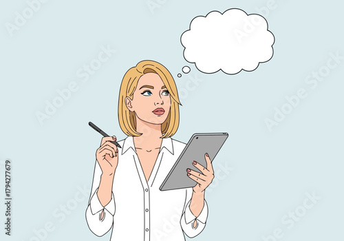 Woman holding tablet and pen, thinking with speech bubble, isolated on light blue background