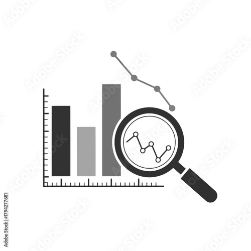 Magnifying glass over bar graph and line chart showing downward trend