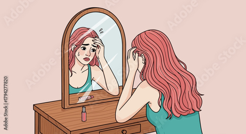 A woman with pink hair looking distressed at her reflection in a mirror, touching her face and hair with a worried expression
