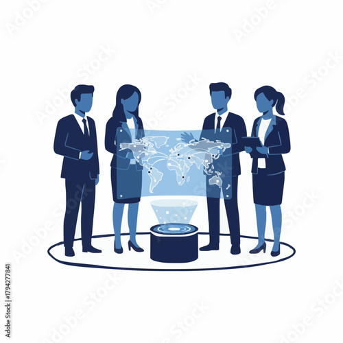 Flat vector executive team analyzing world map project