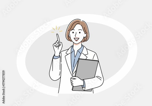 A woman in a white lab coat points her finger upwards with a sparkling light, holding a folder