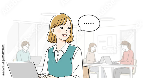 A woman in a teal vest and white shirt is working on a laptop in an office with other people in the background