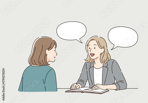 Two women having a conversation, one is listening attentively while the other speaks, with speech bubbles above their heads