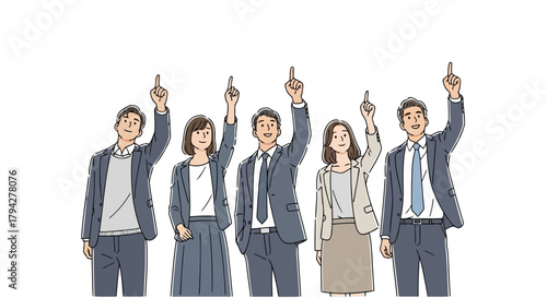 A group of diverse business people pointing upwards with their index fingers