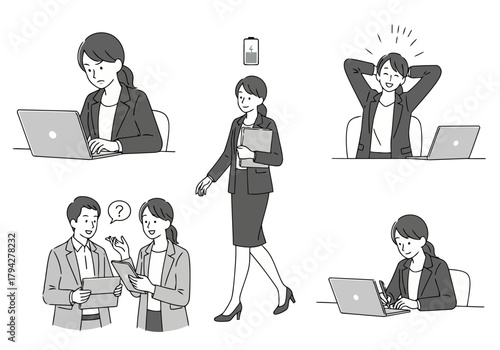 Businesswoman working on laptop, walking, and discussing with colleague, showing different work scenarios and emotions