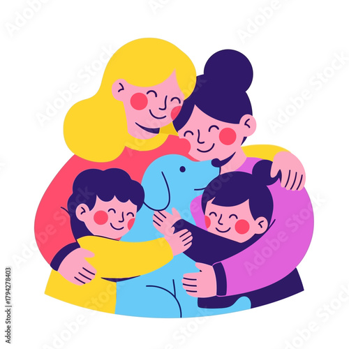 Happy family of four, two mothers, two children, and a dog, embracing each other in a warm hug, illustration
