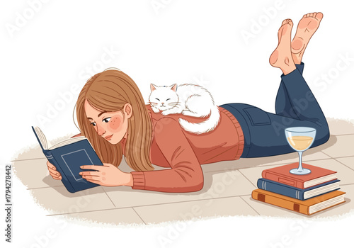 Young woman lying on the floor reading a book with a white cat sleeping on her back and a glass of wine nearby
